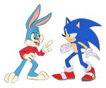  2018 anthro biped blue_body blue_fur bottomless buckteeth buster_bunny clothed clothing crossover di-dash digital_media_(artwork) duo eulipotyphlan footwear fur gesture gloves green_eyes handwear hedgehog hi_res lagomorph leporid looking_at_another male mammal open_mouth open_smile pink_inner_ear pointing rabbit red_clothing red_footwear red_shirt red_shoes red_topwear shirt shoes simple_background smile sonic_the_hedgehog sonic_the_hedgehog_(series) sonic_x standing tan_inner_ear teeth tiny_toon_adventures topwear warner_brothers white_background white_body white_clothing white_fur white_gloves 
