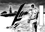  2boys absurdres blank_eyes commentary english_commentary floating_hair gloves gouki grass greyscale headband highres looking_at_viewer monochrome multiple_boys murata_yuusuke ponytail rock ryu_(street_fighter) sack standing street_fighter torn_clothes torn_sleeves traditional_media wind 