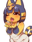  2020 3:4 animal_crossing ankha_(animal_crossing) anthro blue_hair blush bodily_fluids cupped_hands domestic_cat eyebrow_through_hair eyebrows felid feline felis female fukurou0807 gesture hair hi_res mammal nintendo one_eye_closed open_mouth pawpads portrait simple_background solo striped_tail stripes suggestive suggestive_gesture sweat three-quarter_portrait tongue tongue_out translucent translucent_hair uraeus video_games white_background 