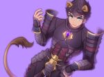  1boy animal_ears armor black_hair chest_jewel cowboy_shot dutch_angle enni eyebrows grey_eyes lion_boy lion_ears lion_tail looking_at_viewer male_focus malos_(xenoblade) purple_background short_hair silver_eyes simple_background smile solo tail xenoblade_chronicles_(series) xenoblade_chronicles_2 