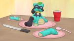  16:9 annoyed body_horror candy_gore crizbn cup cutlery detached_arm food food_creature furniture kitchen_utensils knife leaf male meme nintendo plates pok&eacute;mon pok&eacute;mon_(species) riolu sitting solo spoon table these_are_all_cakes tools video_games widescreen 