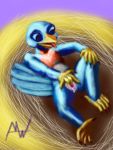  3:4 anthro avian beak beatrice big_eyes bird bird_feet blue_body blue_feathers bluebird bodily_fluids chest_tuft feathers female fingering flat_chested genital_fluids genitals hi_res masturbation modestwold oscine passerine pink_pussy pussy pussy_juice solo tail_feathers talons thrush_(bird) tongue tongue_out tuft winged_arms wings 