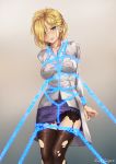 1girl artist_name astral_chain blonde_hair blue_eyes breasts chain highres looking_at_viewer restrained ruby_suguri short_hair solo 