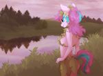 2018 5_fingers anthro day detailed_background digital_media_(artwork) equid equine fingers fur hair male mammal outside pink_body pink_fur purple_hair reysi sky smile solo 