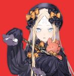  1girl abigail_williams_(fate/grand_order) bandaid bandaid_on_forehead black_bow black_headwear blonde_hair bow commentary fate/grand_order fate_(series) hair_bow hat highres holding long_hair long_sleeves looking_at_viewer orange_bow parted_lips red_background sankomichi simple_background sketch sleeves_past_wrists solo stuffed_animal stuffed_toy teddy_bear upper_body 