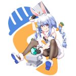  1girl :q animal_ear_fluff animal_ears anvil bare_shoulders black_gloves black_legwear black_leotard blue_hair braid bunny-shaped_pupils bunny_ears carrot_hair_ornament coat detached_sleeves eyebrows food_themed_hair_ornament full_body fur-trimmed_coat fur-trimmed_gloves fur_trim gloves hair_ornament hammer highres hikimayu holding holding_hammer hololive leotard licking_lips long_hair mary_janes minecraft multicolored_hair pantyhose playboy_bunny rabbit_girl red_eyes shoes short_sleeves signature sparkle strapless strapless_leotard thick_eyebrows tongue tongue_out twin_braids two-tone_hair usada_pekora v-shaped_eyebrows virtual_youtuber white_coat white_footwear white_hair yona_(user_hcyj7228) 