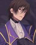 1boy ascot bangs black_background black_cape blue_jacket brown_hair cape clenched_hand code_geass cropped eyebrows_visible_through_hair hair_between_eyes hand_up highres jacket lelouch_lamperouge looking_at_viewer male_focus open_mouth purple_eyes short_hair sidelocks solo upper_body v-shaped_eyebrows white_neckwear wozue 
