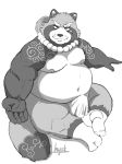  2020 anthro belly bulge canid canine clothing gyobu hi_res hysk kemono male mammal monochrome moobs navel nipples overweight overweight_anthro overweight_male raccoon_dog simple_background sitting solo tanuki tokyo_afterschool_summoners underwear video_games white_background 