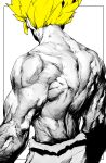  1boy absurdres back blonde_hair dragon_ball dragon_ball_z facing_away from_behind greyscale highres male_focus manly monochrome muscle niwarizumu pants shirtless simple_background solo son_goku spiked_hair spot_color super_saiyan torn_clothes upper_body white_background 