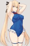  1girl armpits arms_behind_head arms_up bangs bare_shoulders blonde_hair blue_eyes blue_leotard blush breasts dead_or_alive dead_or_alive_5 frilled_leotard frills hair_ribbon leotard long_hair looking_at_viewer marie_rose medium_breasts ribbon shiseki_hirame smile thighs twintails 