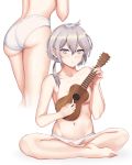  1girl ahoge artist_name ass bangs bare_legs breasts closed_mouth collarbone commentary_request covered_nipples covering covering_breasts eyebrows eyebrows_visible_through_hair girls_frontline guitar head_tilt highres holding holding_instrument indian_style instrument looking_at_viewer m200_(girls_frontline) multicolored_hair music nude panties partial_commentary playing_instrument purple_eyes purple_hair ruby_suguri short_hair silver_hair simple_background sitting small_breasts standing stomach thighs two-tone_hair ukulele underwear white_panties 