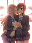  2girls ayase_arisa black_cardigan blazer blonde_hair blue_eyes blue_jacket bow bowtie brown_hair cardigan closed_eyes dress_shirt facing_another hair_ornament hairclip highres jacket kousaka_yukiho long_sleeves looking_at_another love_live! love_live!_school_idol_project mad_(hazukiken) multiple_girls otonokizaka_school_uniform school_uniform shirt short_hair vest white_shirt yuri 