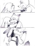  2016 anthro bodily_fluids canid canine clivef clothed clothing comic crying disney duo fox fur judy_hopps lagomorph leporid lifting mammal monochrome nick_wilde open_mouth rabbit red_fox tears zootopia 
