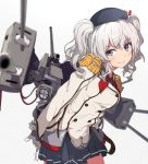  1girl bangs black_legwear blurry cannon closed_mouth depth_of_field epaulettes eyebrows_visible_through_hair grey_eyes grey_jacket grey_skirt jacket kantai_collection kashima_(kantai_collection) leaning_to_the_side looking_at_viewer machinery neckerchief ogipote pleated_skirt red_neckwear rigging searchlight silver_hair skirt smile socks solo standing turret two_side_up 
