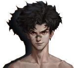  1boy bandaid bandaid_on_nose black_hair brown_eyes collarbone ear_piercing highres joe_(megalo_box) looking_at_viewer male_focus megalo_box piercing portrait scar scar_on_face shadow simple_background solo stan. white_background 