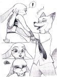  2016 anthro bottomwear canid canine clivef clothed clothing comic disney duo fox fully_clothed fur judy_hopps lagomorph leporid lifting mammal monochrome necktie nick_wilde open_mouth open_smile pants rabbit red_fox shirt smile topwear zootopia 