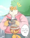  2020 4:5 anthro black_nose bottomwear brown_body brown_fur canid canine canis clothing domestic_dog english_text food fur hoodie kemono magazine male mammal noichi_53 outside overweight overweight_male pants reading solo_focus text topwear 