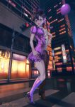  1girl artist_name balloon black_hair breasts building copyright_request crosswalk dress full_body highres looking_at_viewer open_mouth outdoors purple_balloon purple_dress purple_footwear ruby_suguri shoes short_hair standing traffic_light 