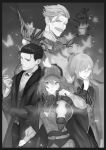  2boys 2girls black_border border bug butterfly cape closed_mouth cravat facial_hair fate/grand_order fate_(series) fujimaru_ritsuka_(female) glasses gloves greyscale hand_up hat highres holding holding_lantern insect james_moriarty_(fate/grand_order) lantern long_hair long_sleeves looking_at_viewer mash_kyrielight medium_hair monochrome multiple_boys multiple_girls mustache one_eye_closed parted_lips sankomichi sherlock_holmes_(fate/grand_order) shirt smile standing wide-eyed 