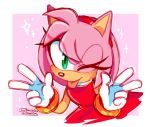  5_fingers accessory amy_rose anthro clothing danielasdoodles eulipotyphlan female fingers gloves green_eyes hair hair_accessory hairband handwear hedgehog mammal one_eye_closed pink_hair pose signature solo sonic_the_hedgehog_(series) sparkles tongue tongue_out video_games wink 