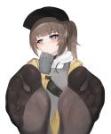  1girl bangs baseball_cap black_headwear blue_eyes blush brown_hair deele_(girls_frontline) dokomon feet foot_focus girls_frontline gloves grey_gloves hat highres long_hair long_sleeves no_shoes pantyhose simple_background soles solo toes tom_clancy&#039;s_the_division white_background 