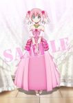  1girl bare_shoulders blue_eyes closed_mouth curtains dress flower full_body hair_flower hair_ornament high_heels hiiragi_nana jewelry looking_at_viewer munou_na_nana necklace official_art pink_dress pink_footwear pink_hair rose sample smile solo standing 