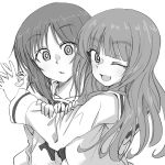  2girls :o ;d arm_grab bangs blouse blunt_bangs commentary eyebrows_visible_through_hair from_side girls_und_panzer greyscale hands_together hug long_hair looking_at_viewer looking_back mituki_(mitukiiro) monochrome multiple_girls neckerchief nishizumi_miho one_eye_closed ooarai_school_uniform open_mouth school_uniform serafuku short_hair smile takebe_saori upper_body white_blouse 