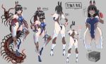  1girl :d ass back black_hair breasts bug butcha-u centipede character_sheet covered_navel elbow_gloves gloves grey_background hair_ornament hairclip hand_on_hip high_heels highres hime_cut long_hair looking_at_viewer mask nijisanji open_mouth purple_eyes simple_background smile taimanin_(series) thighhighs tsukino_mito virtual_youtuber 