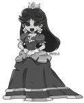  1girl artist_name crown dress earrings english_commentary flower_earrings gloves grey_dress grey_eyes grey_hair greyscale hands_together highres jewelry juliet_sleeves long_hair long_sleeves mag_(magdraws) mario_(series) monochrome open_mouth princess_daisy puffy_sleeves solo super_mario_land white_gloves 