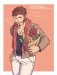 1boy alternate_costume alternate_hairstyle baguette bare_pecs black_tank_top blue_eyes bouquet bread brown_hair brown_jacket casual cigarette collarbone contemporary facial_hair fate/grand_order fate_(series) flower food goatee hand_on_hip highres jacket long_sleeves looking_at_viewer male_focus napoleon_bonaparte_(fate/grand_order) open_clothes open_jacket pants pectorals red_scarf repost_notice scar scar_on_chest scarf short_hair sideburns simple_background smoking solo tank_top thighs toned toned_male white_pants yaosan233 