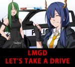  2girls :d ^_^ arknights bangs bishi_(bishi) black_jacket breasts car ch&#039;en_(arknights) chinese_commentary closed_eyes commentary_request covered_navel dragon_horns eyebrows_visible_through_hair green_hair grin ground_vehicle hand_on_hip hand_up horns hoshiguma_(arknights) jacket long_hair low_twintails medium_breasts motor_vehicle multiple_girls necktie open_clothes open_jacket open_mouth police_car shirt single_horn sleeveless smile twintails upper_body white_shirt wing_collar yellow_neckwear 