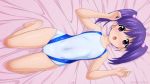  1girl absurdres ass_visible_through_thighs blue_hair cameltoe collarbone commentary_request competition_swimsuit covered_navel flat_chest from_above hair_bobbles hair_ornament highres long_hair looking_at_viewer lying one-piece_swimsuit original purple_eyes solo sugimura_tomokazu swimsuit twintails white_swimsuit 