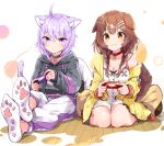  2girls :3 ahoge animal_ear_fluff animal_ears asymmetrical_pants bangs black_choker black_hoodie bone_hair_ornament breasts brown_eyes brown_hair cat_ears cat_tail choker cleavage closed_mouth commentary_request controller dog_ears dog_tail dress eyebrows_visible_through_hair feet hair_ornament head_tilt highres holding holding_controller hololive hood hoodie inugami_korone jacket long_sleeves medium_breasts multiple_girls nekomata_okayu off_shoulder onigiri_print open_clothes open_jacket pants paw_print_soles playing_games purple_eyes purple_hair red_choker short_hair sidelocks sitting smile socks soles tail virtual_youtuber wariza white_dress white_pants wooden_floor wristband yellow_jacket yuyaiyaui 