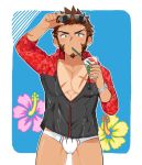 1boy alternate_costume bare_pecs blue_eyes brown_hair bubble_tea bulge casual cup disposable_cup facial_hair fate/grand_order fate_(series) goatee holding holding_cup hood hooded_jacket hoodie jacket long_sleeves male_focus male_swimwear muscle napoleon_bonaparte_(fate/grand_order) open_clothes open_hoodie open_jacket partially_unbuttoned pectorals scar scar_on_chest shitappa short_hair sideburns solo swim_briefs swimwear tan thighs 