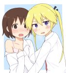  2girls @_@ bangs black_ribbon blonde_hair blue_background border bra brown_eyes brown_hair caught collarbone collared_shirt commentary_request disconnected_mouth embarrassed eyebrows_visible_through_hair hair_between_eyes hair_ribbon hands_up highres kill_me_baby long_hair long_sleeves looking_at_viewer mohya multiple_girls necktie open_clothes open_mouth open_shirt oribe_yasuna outside_border pink_bra purple_eyes red_neckwear ribbon school_uniform shirt short_hair sonya_(kill_me_baby) sweat twintails underwear upper_body wavy_mouth white_border white_shirt 
