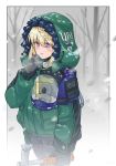  1girl animal australian_flag bangs black_gloves blonde_hair blush braid braided_bangs commentary_request death_stranding fujinoki_(horonabe-ken) fur-trimmed_jacket fur_trim gloves green_jacket hair_between_eyes holding hood hood_up jacket japanese_flag kantai_collection koala long_sleeves outdoors parted_lips perth_(kantai_collection) plaid plaid_legwear purple_eyes snow snowing thigh_strap tree united_nations winter_clothes 