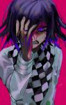  1boy anger_vein bangs blood blood_on_face checkered checkered_neckwear checkered_scarf clenched_teeth commentary_request danganronpa gradient_hair hair_between_eyes hand_in_hair hand_on_own_face highres joh_pierrot long_sleeves looking_at_viewer male_focus multicolored_hair new_danganronpa_v3 ouma_kokichi pink_background purple_eyes purple_hair revision scarf signature simple_background solo straitjacket teeth upper_body 
