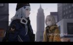  2girls agent_416_(girls_frontline) agent_vector_(girls_frontline) bangs black_headwear blue_hair blue_jacket city closed_mouth copyright_name english_text eyebrows_visible_through_hair gas_mask girls_frontline green_eyes grey_hair hat highres hk416_(girls_frontline) jacket long_hair looking_away medium_hair multiple_girls selcky silver_hair tom_clancy&#039;s_the_division uniform vector_(girls_frontline) yellow_eyes yellow_jacket 