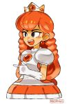  1girl bangs breasts cropped_legs crown dress earrings english_commentary eyebrows_behind_hair freckles gem grey_eyes hair_behind_ear highres jewelry mag_(magdraws) mario_(series) medium_breasts open_mouth orange_dress orange_hair princess_peach smile solo super_mario_bros. white_background white_dress 