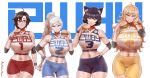  4girls aestheticc-meme ahoge animal_ears ass_visible_through_thighs bangs bare_shoulders bike_shorts black_hair blake_belladonna blonde_hair blue_eyes breasts cat_ears closed_mouth compression_sleeve elbow_pads english_text eyebrows_visible_through_hair food gloves gradient_hair hamburger hand_on_own_face high_ponytail highres holding holding_food large_breasts long_hair looking_at_viewer medium_breasts midriff multicolored_hair multiple_girls navel open_mouth ponytail purple_eyes red_hair ruby_rose rwby short_hair shorts silver_eyes simple_background smile sports_bra sportswear sweatband teeth thigh_gap wavy_hair weiss_schnee white_hair yang_xiao_long yellow_eyes 