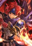  1boy armor blue_eyes cape fiery_background fingerless_gloves fire fire_emblem fire_emblem:_the_binding_blade gloves headband hungry_clicker looking_at_viewer red_gloves red_hair roy_(fire_emblem) serious short_hair solo sword traditional_media weapon 
