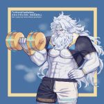  1boy abs alternate_costume bara bare_pecs beard black_shorts blush bulge cowboy_shot dolphin_shorts dumbbell exercise facial_hair fate/grand_order fate_(series) hair_intakes hand_on_hip highres long_hair male_focus muscle navel one_eye_closed pale_skin pectorals repost_notice shorts shrug_(clothing) simple_background steam sweat very_long_hair white_hair white_shorts yaosan233 zeus_(fate/grand_order) 