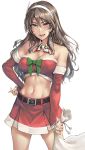  1girl ashigara_(kantai_collection) bandeau bare_shoulders belt belt_buckle black_belt blush breasts brown_eyes brown_hair buckle cleavage collarbone cowboy_shot detached_collar fang hair_between_eyes hairband highres horned_headwear kantai_collection kokuzou large_breasts long_hair navel open_mouth sack santa_costume simple_background smile solo strapless tubetop white_background white_hairband 