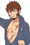  1boy abs alternate_costume alternate_hairstyle bara bare_pecs blue_eyes brown_hair casual facial_hair fate/grand_order fate_(series) flat_color goatee groin hood hooded_jacket jacket long_sleeves male_focus messy_hair muscle napoleon_bonaparte_(fate/grand_order) navel open_clothes open_jacket partially_unbuttoned pectorals scar scar_on_arm scar_on_chest shitappa short_hair sideburns solo white_background 
