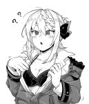  1girl :o ? @_@ bangs blush bra braid braided_bangs breasts breath cleavage commentary_request fujinoki_(horonabe-ken) fur-trimmed_jacket fur_trim greyscale hair_between_eyes hair_bun hair_ribbon hood hooded_jacket hypnosis jacket kantai_collection long_sleeves medium_breasts mind_control monochrome open_clothes open_mouth perth_(kantai_collection) ribbon shirt sidelocks simple_background solo sweat underwear upper_body 