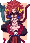  2boys abs bare_pecs biceps black_footwear crossed_arms dragon_ball dragon_ball_heroes earrings fusion fusion_dance gogeta gogeta_(xeno) highres jewelry metamoran_vest monkey_boy monkey_tail multiple_boys muscle no_nipples pants pectorals potara_earrings red_fur red_hair red_pants relio_db318 smile spiked_hair super_saiyan super_saiyan_4 tail vegetto_(xeno) white_pants 