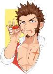  1boy bara bare_pecs bite_mark blue_eyes blush brown_hair cake cropped_torso facial_hair fate/grand_order fate_(series) food food_on_body food_on_face goatee hand_up holding holding_cake holding_food licking_lips looking_at_viewer male_focus muscle napoleon_bonaparte_(fate/grand_order) navel partially_unbuttoned pectorals scar scar_on_chest shitappa short_hair sideburns solo strawberry_shortcake tongue tongue_out 