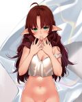  1girl ahoge arknights bangs bare_arms bare_shoulders bishi_(bishi) blush brown_hair chinese_commentary commentary_request crop_top eyebrows_visible_through_hair green_eyes hands_up long_hair looking_at_viewer myrtle_(arknights) navel out-of-frame_censoring pointy_ears smile solo stomach strap_slip tank_top upper_body white_background white_tank_top 