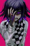  1boy anger_vein bangs checkered checkered_neckwear checkered_scarf clenched_teeth commentary_request danganronpa gradient_hair hair_between_eyes hand_in_hair hand_on_own_face highres joh_pierrot long_sleeves looking_at_viewer male_focus multicolored_hair new_danganronpa_v3 ouma_kokichi pink_background purple_eyes purple_hair revision scarf signature simple_background solo straitjacket teeth upper_body 