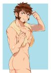  1boy abs ass bathing beard blue_eyes blush bottomless brown_hair cover cover_page cowboy_shot doujin_cover facial_hair fate/grand_order fate_(series) hair_twirling looking_at_viewer male_focus muscle naked_towel napoleon_bonaparte_(fate/grand_order) nude pectorals scar shitappa short_hair sideburns simple_background smile solo towel tower wet wet_hair 